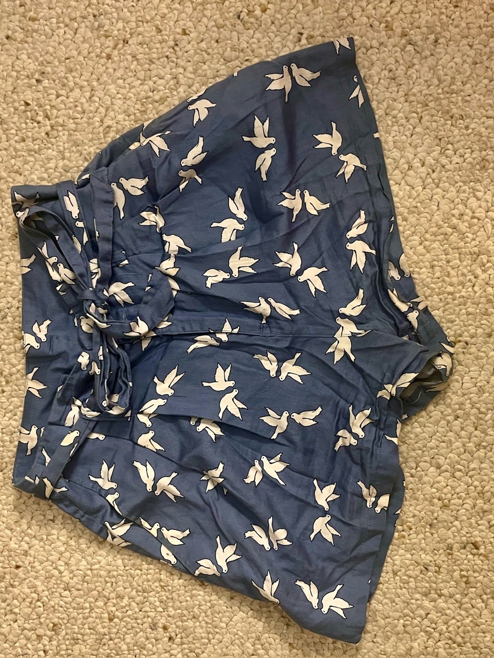 H&M Divided Tie-Waist Paper Bag Bird Print Blue Shorts
